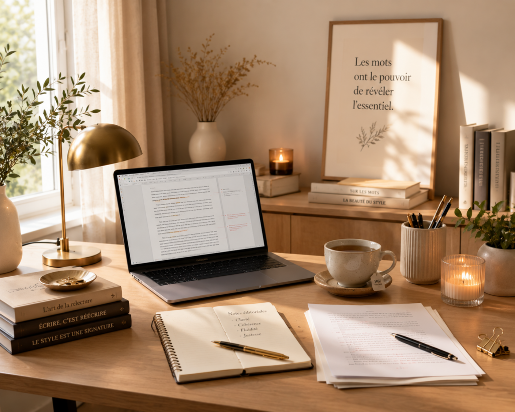 Bureau de travail pour la relecture et la correction de textes